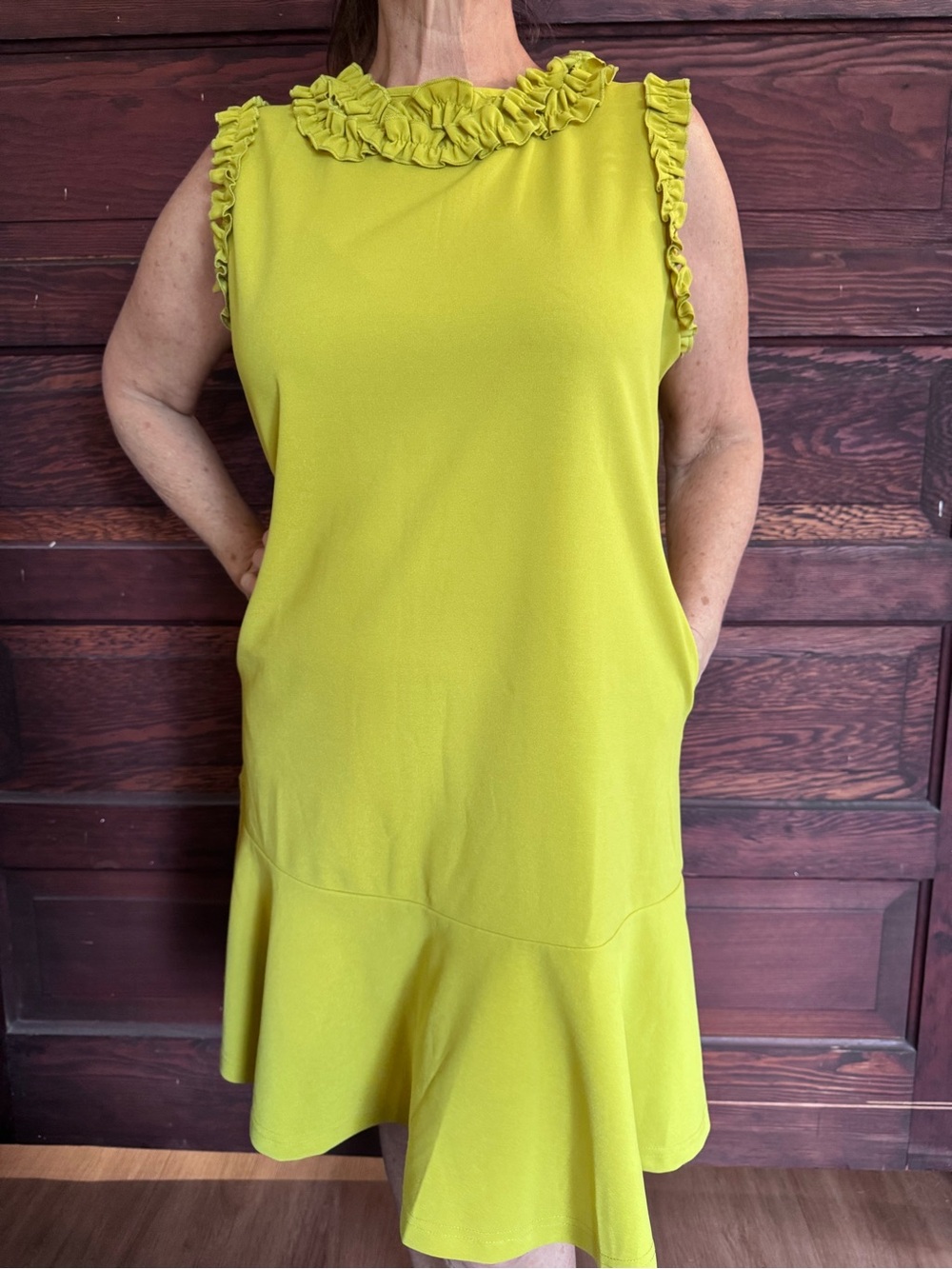 Sleeveless Ruffle-Neck Shift Dress in Lime